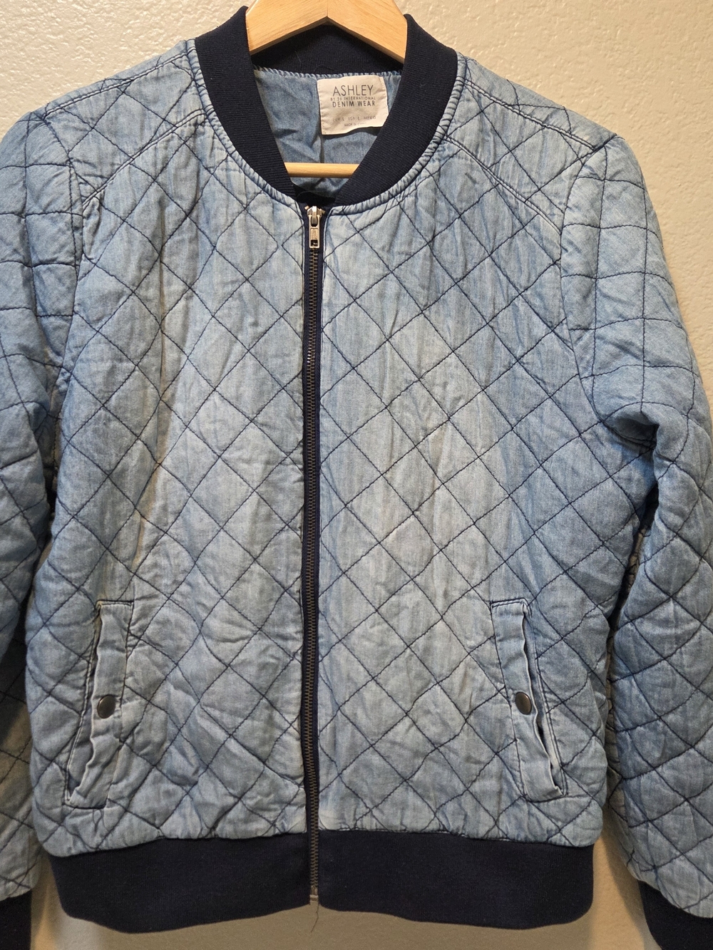 Ashley Denim Wear Quilted Denim Bomber Jacket L Light Wash Y2K Streetwear